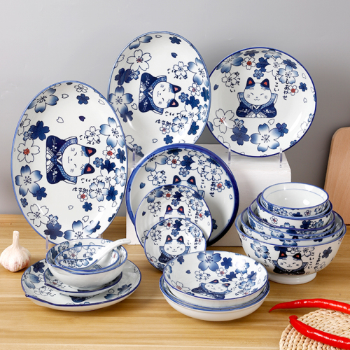 Japanese Cherry Blossom Cat Ceramic Bowl Plate Household Tableware Bowl Dish Set Gift