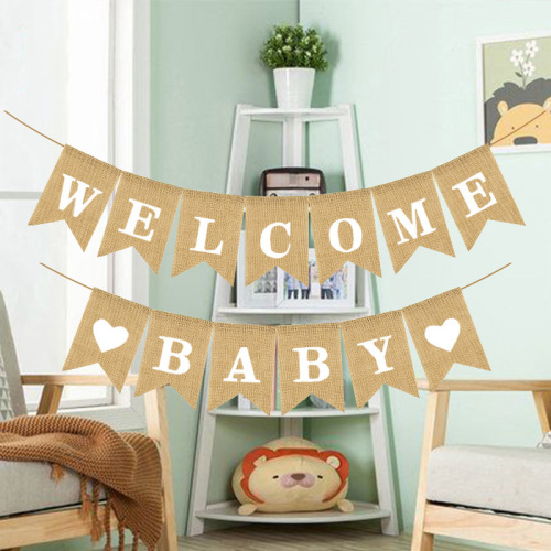 european and american baby shower party celebration decorative garland banner welcome baby burlap flag