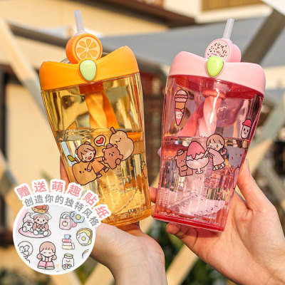 New Stir Cup with Straw Creative Fruit Portable Plastic Cup Cute Girl Heart Student Couple's Cups DIY Stickers