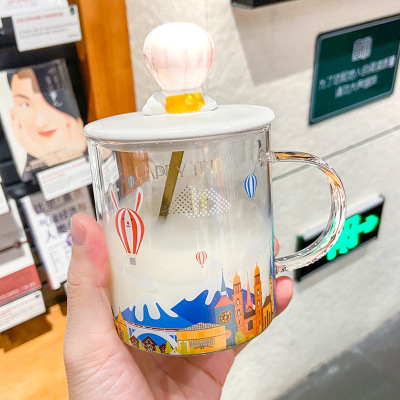 Transparent Hand-Painted Balloon Castle Glass Cup Male and Female Students Breakfast Mug Creative with Cover Spoon Milk Water Glass