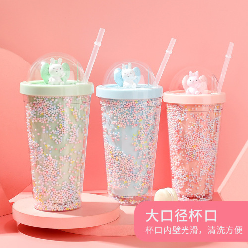 tiktok korean style micro landscape ice cup internet celebrity summer double plastic straw cup 550ml transparent water cup