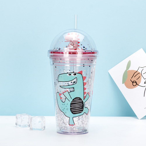 cute summer double plastic cup drink water cup dinosaur ice crushing cup straw water cup female student