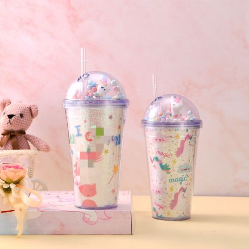 Korean Student Girl Summer Ice Cup Unicorn Couple Straw Cup Double-Layer Refrigeration Plastic Water Cup Customization