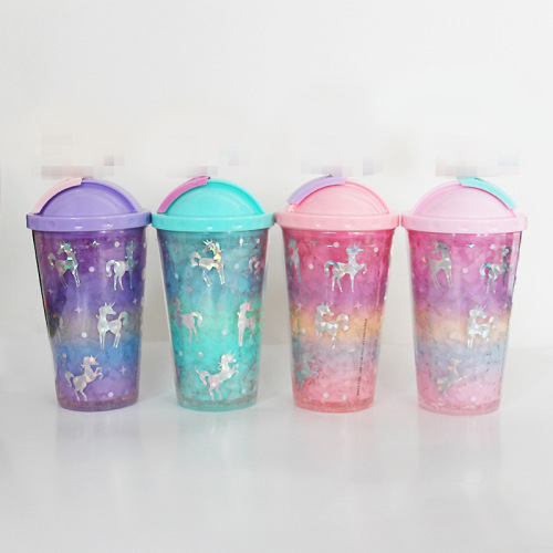 Creative Unicorn Push Cover Plastic Ice Cup Cute Artistic Fresh Cartoon Double-Layer Straw Water Cup Student Cup