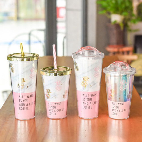 double layer pineapple gilding slide cover cup with straw creative fruit drink cup transparent plastic cup double-layer cup with straw cup with straw