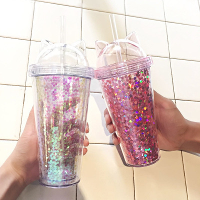 Double Layer Straw Cup Creative Korean Double-Layer Cup with Straw Adult Female Student Plastic Cup Portable Handy Cup