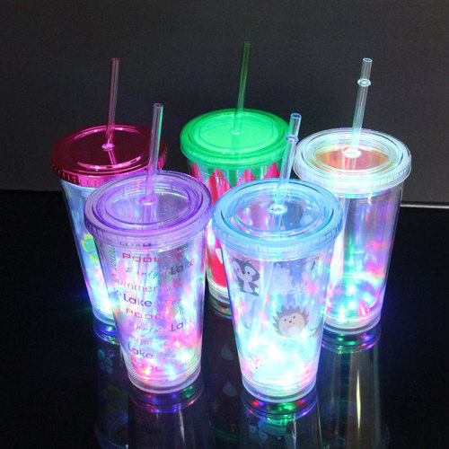 factory direct double-layer straw cup luminous detachable bottom straw cup plastic straw cup luminous cup straw cup