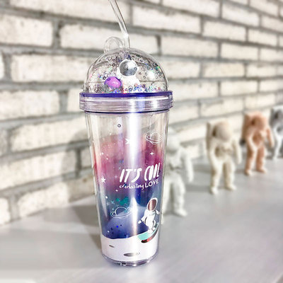 personalized gradient space flight double-layer straw cup plastic cup creative customized handy cup