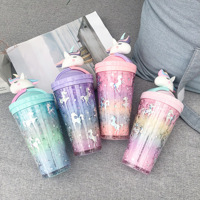 tiktok korean style micro landscape ice cup internet celebrity summer double plastic straw cup 550ml transparent water cup