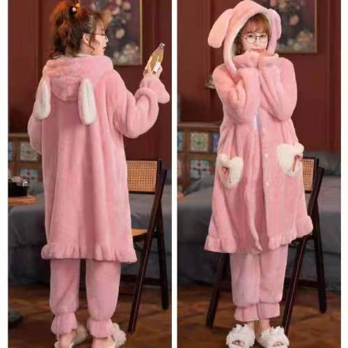 women‘s autumn and winter coral fce long fur pajamas nightgown cute hooded rabbit ears thiened new homewear suit