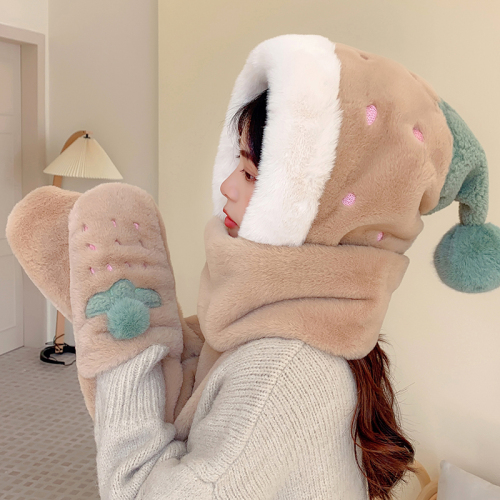 strawberry hat scarf integrated warm scarf winter plush gloves three-piece korean style trendy all-match and cute autumn and winter