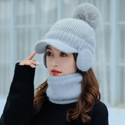 winter new wide brim duck tongue female cold hat fleece warm neck hat casual wool hat ear protection cute cap