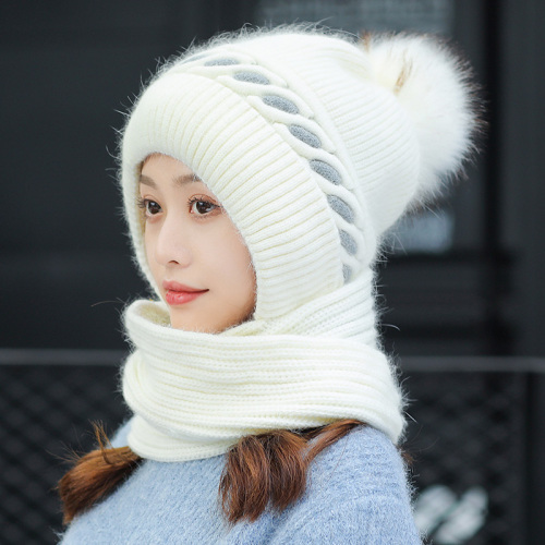 Wool hat Scarf Integrated Female Winter Sweet Cute Korean Style All-Matching Fleece-Lined Thick Neck Protection Warm Knitted Hat Tide 