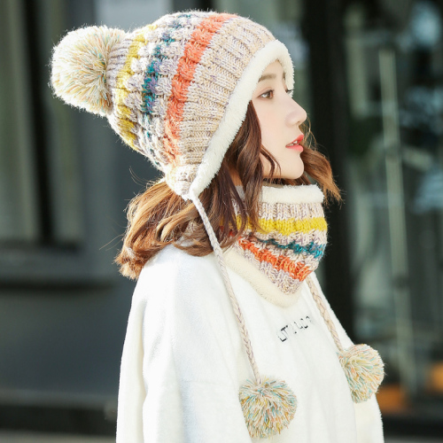 hat female autumn and winter versatile korean style fashionable fleece knitted wool hat british pullover warm ear protection scarf hat female