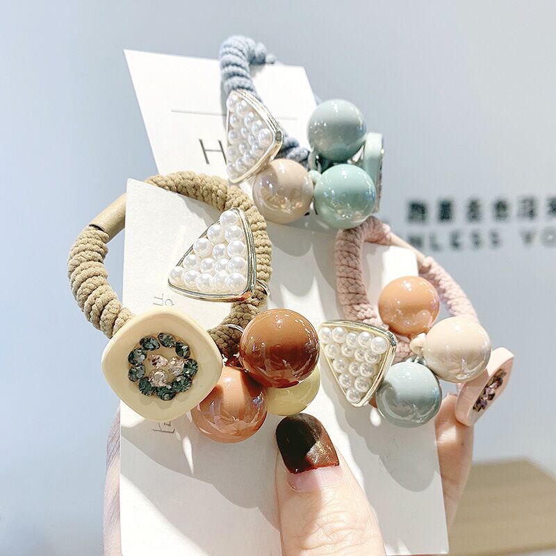 新款韩式东大门糖果色圆珠球球发圈皮筋三角珍珠女士简约发绳头绳