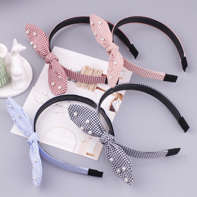 Bow Headband Korean Hair Accessories Simple Versatile Lattice Rabbit Ears Headband with Teeth Non-Slip Hairpin Hair Fixer Wholesale
