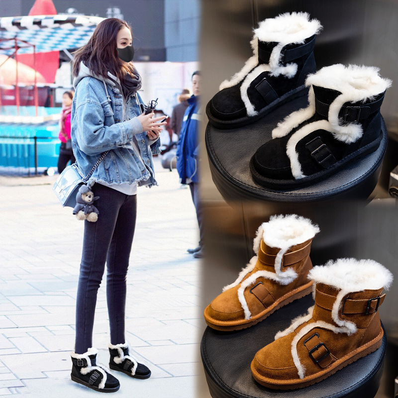 羊毛一体雪地靴女冬季2021新款加绒加厚平底中筒棉短靴女机车女鞋
