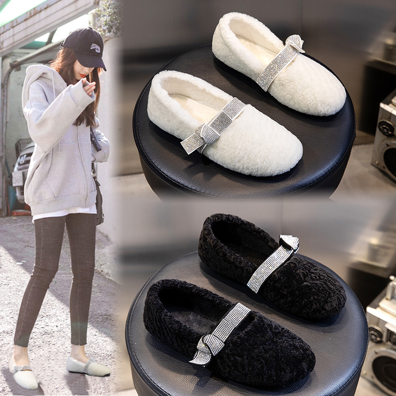 冬季2019新款女鞋韩版百搭真羊毛棉鞋女平底休闲加绒毛毛鞋女潮