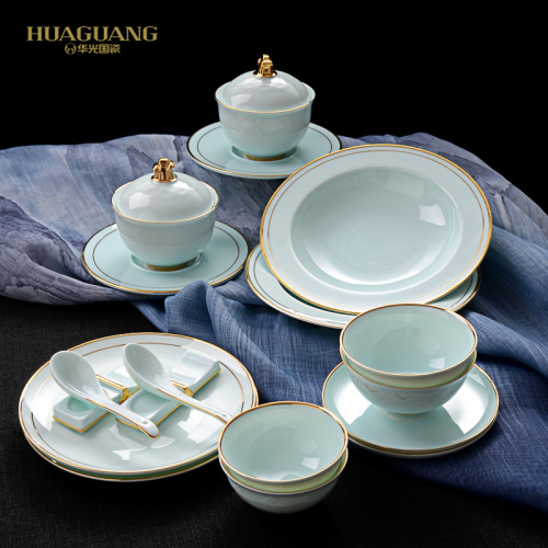 huaguang national porcelain bone china tableware suit high-end banquet porcelain body kiln baked chinese style gift box qianfeng emerald