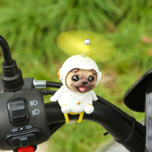 New Resin Cartoon Figurine Doll Cute Helmet Dog Electric Bicycle Decoration Bamboo Dragonfly Little Fan