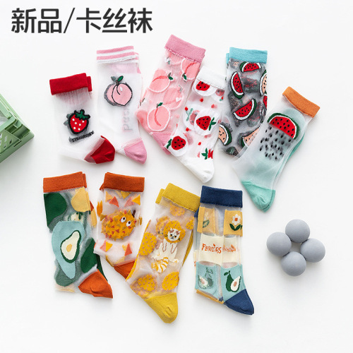 [summer new card stockings] mid-calf socks female ins fashion brand crystal silk glass silk thin fruit women‘s socks