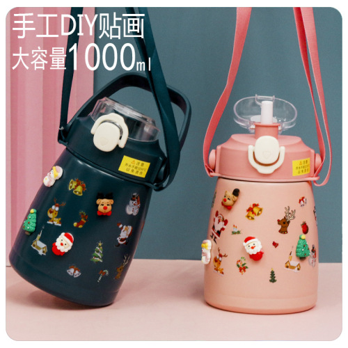 New Year Internet Celebrity Christmas Girls Large Capacity Vacuum Big Belly Cup Portable Lanyard Strap 3D Stickers Children‘s Thermos Mug
