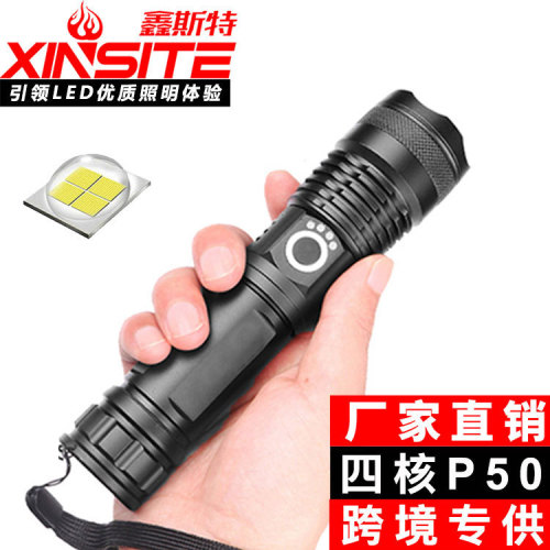 New Cross-Border Telescopic Flashlight Xhp50 Aluminum Alloy Strong Light Flashlight Power Display USB P50 Charging