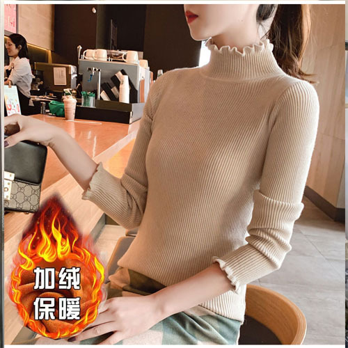 2024 autumn and winter new lace sleeve high collar slim fit slimming pullover long sleeve knitted bottoming shirt sweater women‘s ins