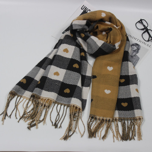 Autumn and Winter New Love Plaid tassel Double-Sided Students Warm-Keeping Scarf Korean Style Casual All-Match Female Artificial Cashmere Scarf