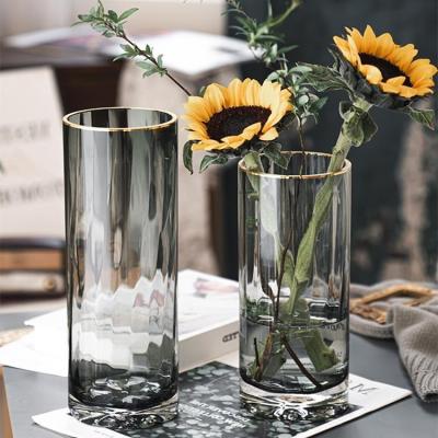 Nordic Stripes Straight Gray Gold Painting Transparent Glass Vase Decoration Living Room Simple Insert Table Top Decoration Vase
