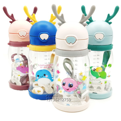 Multicolor Small Antlers Baby Learns to Drink Children's Cups Kindergarten Cup with Straw Transparent Portable Sports Bottle