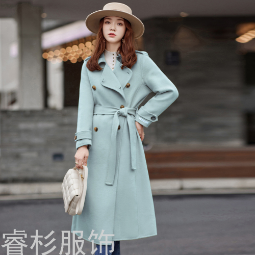 High-End Business Double-Sided All-Wool Woolen Coat Women‘s Lacing Mid-Length Woolen Coat in Winter 2021