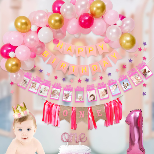 Happy Birthday Party Decoration Photo Wall for Girls 1 Year Old String Flags Pink Happy Birthday Set 