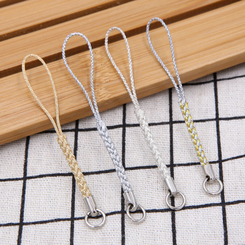Cross-Border Gold and Silver Lanyard Japanese-Style Root Fu Button White K plus Circle Rayon double-Wire Metal Head Mobile Phone Pendant