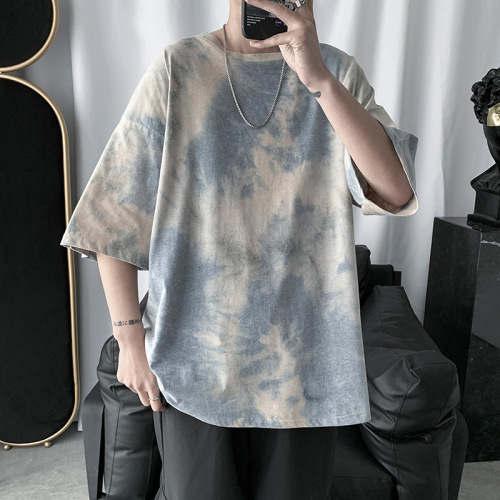Tie-Dyed T-shirt Trendy Brand Men‘s Clothing 2020 Summer New Hong Kong Style T-shirt Men‘s Gradient Trendy Personality Street Short-Sleeved T-shirt 