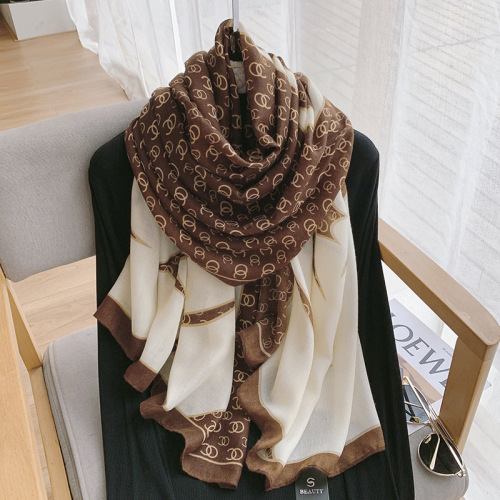 autumn and winter new warm scarf women‘s elegant socialite cotton and linen feel printed shawl korean fashion decorative sand