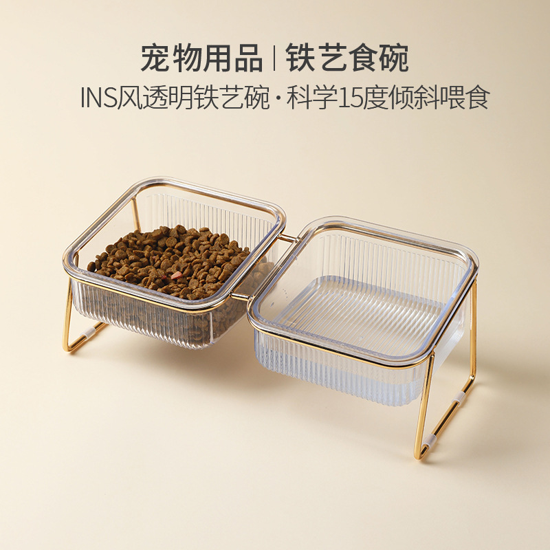猫碗透明高脚猫咪碗斜口护颈椎喝水猫粮食盆狗宠物易清洗铁艺双碗