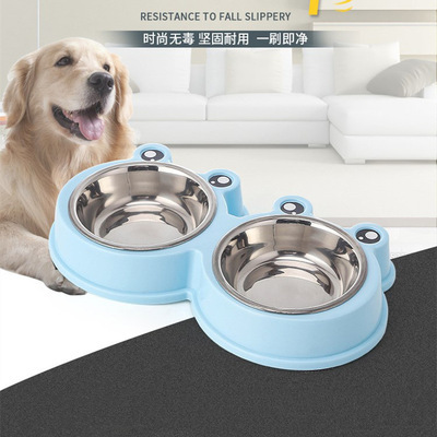 厂家直供跨境宠物狗狗食具二合一卡通宠物碗不锈钢青蛙碗猫狗
