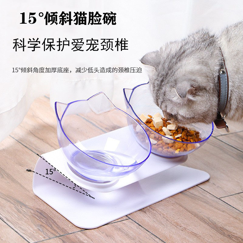 工厂现货宠物塑料碗 防滑可拆卸猫食盆饮水器 科学护颈双口猫脸碗