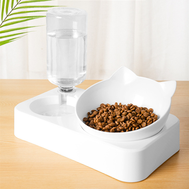猫碗带饮水瓶套装透明塑料碗宠物碗食盆自动饮水器倾斜护颈猫咪碗