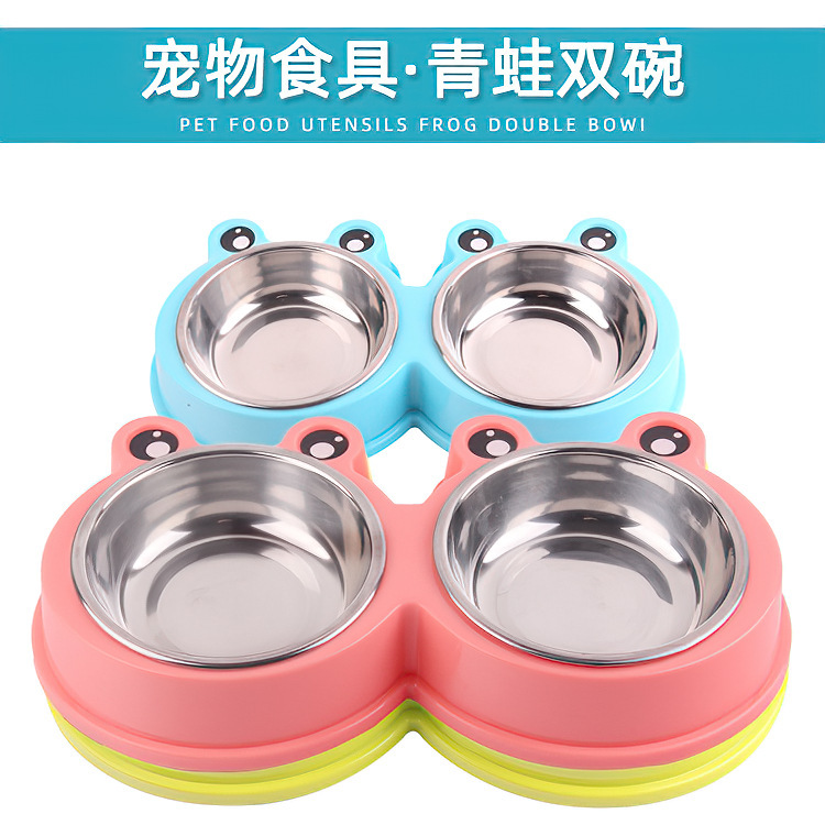 宠物防滑青蛙不锈钢碗 卡通塑料碗可爱耐磨二合一宠物双层食盆碗