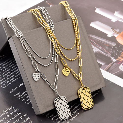 european and american square plate necklace women‘s titanium steel o-shaped round beads snake bone three-layer mixed chain letter love color-preserving t-shirt clavicle chain