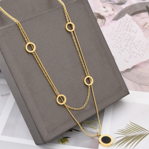 online influencer fashion necklace titanium steel round snake bone double layer necklace hollow shell round clavicle pendant factory wholesale 11