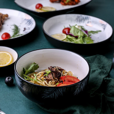 black nordic simple ins style household ceramic bowl plate fashion black swan soup bowl rice bowl high-end porcelain