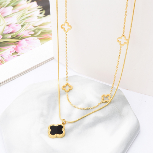 online influencer fashion necklace titanium steel round snake bone double layer necklace hollow shell four leaf flower clavicle pendant factory wholesale
