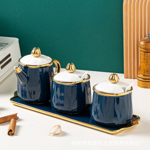creative golden edge ceramic seasoning jar nordic gold-plated seasoning jar household kitchen three-piece gift set with tray