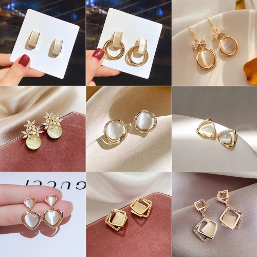 25 Silver Needle Opal Earrings Korean Temperament Geometric Square Jeweled Earrings INS Simple Earrings for Women Wholesale 