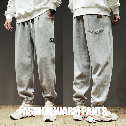 Sports Pants Men‘s Trendy Loose Sweatpants Autumn and Winter All-Matching Fleece-Lined Thick Warm Tooling Casual Pants