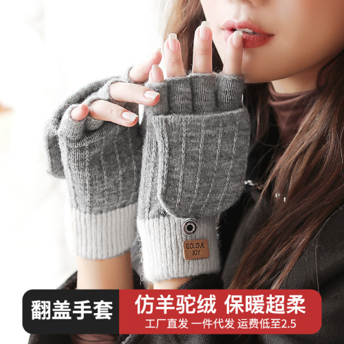 Winter Warm Imitation Alpaca Fleece/Fiber Gloves Windproof Korean Fashion Deer Mark Half Finger Gloves Writing Office Flip gloves 