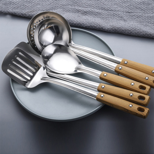 stainless steel spatula soup spoon with wood grain handle frying shovel colander heat insulation kitchenware supplies kitchen cooking set wholesale
